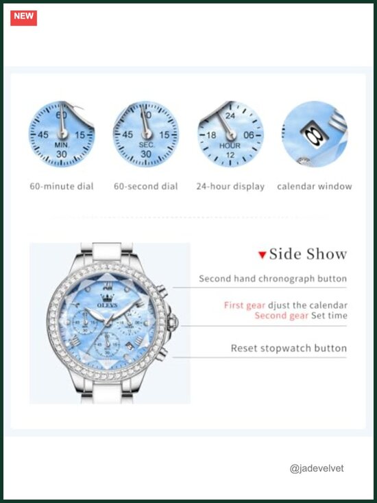 Women Ceramic Chronograph Watch with Diamond Faceted Crystal, Rose Gold main image 6